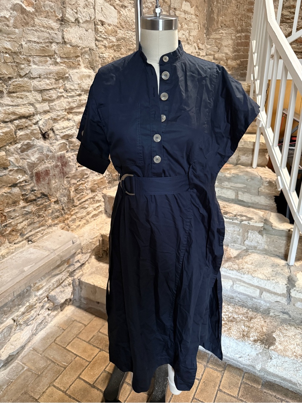 Eudon Choi Navy Cotton Asymmetric Utility Shirtdress with Contrast Cream Buttons